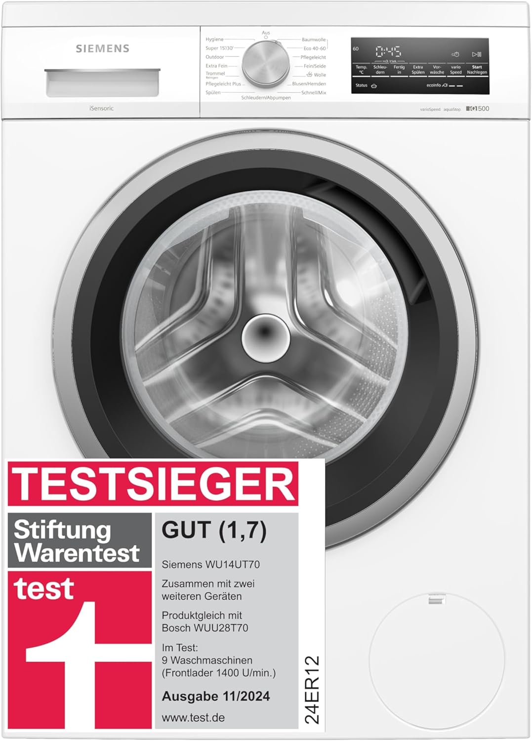 Siemens WU14UT70 iQ500 Washing Machine, Front Loader with 8 kg Capacity, 1400 rpm, Undermountable, SpeedPack L, Outdoor Programs, SimpleTouch LED Display, iQdrive Motor, White, 60 cm