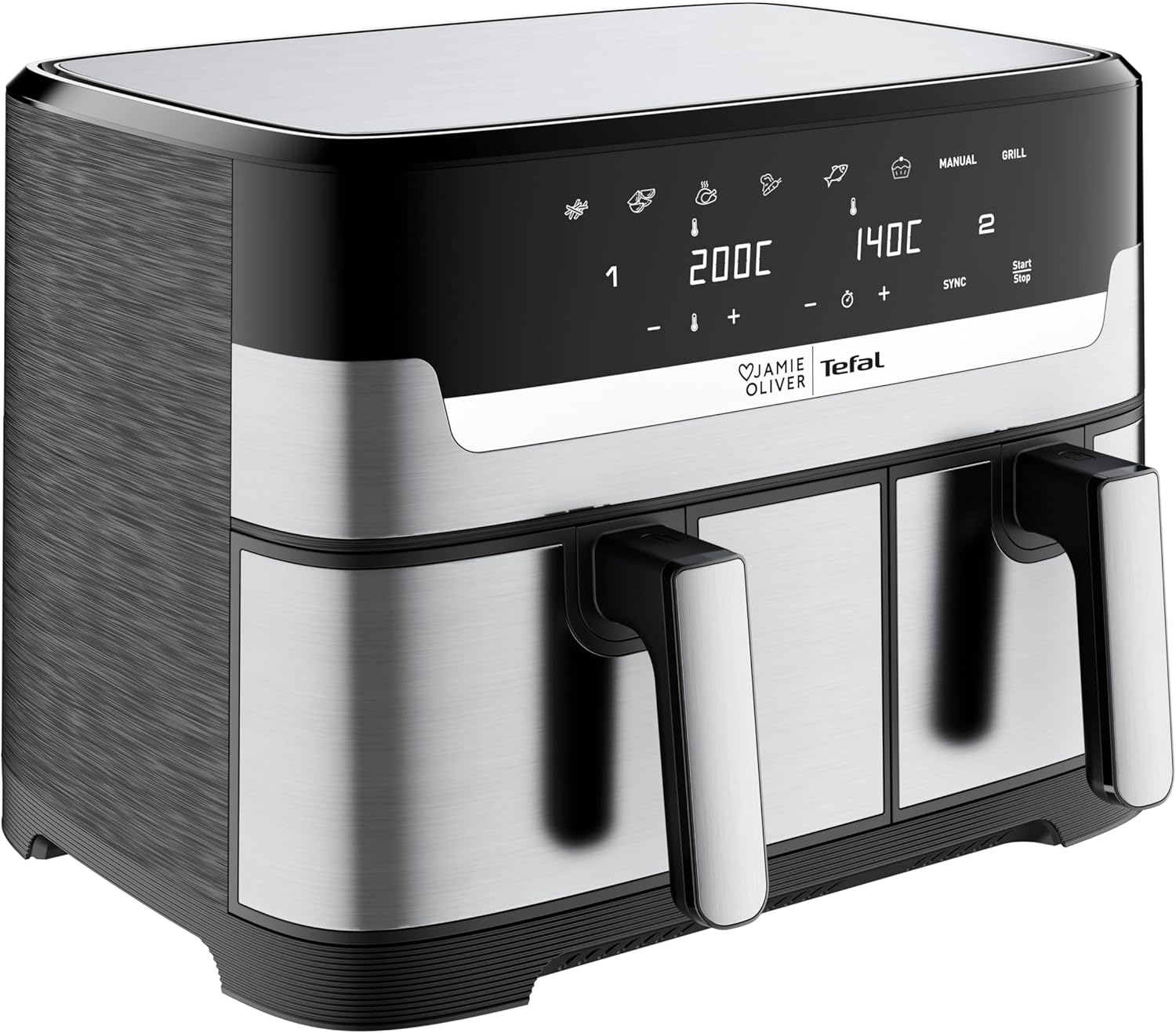 Jamie Oliver by Tefal Dual Drawer Hot Air Fryer, Double Chamber, 2 Independent Cooking Zones, 8 Automatic Programmes, 8.3 L Total Capacity, Black/Stainless Steel, EY90JDE1