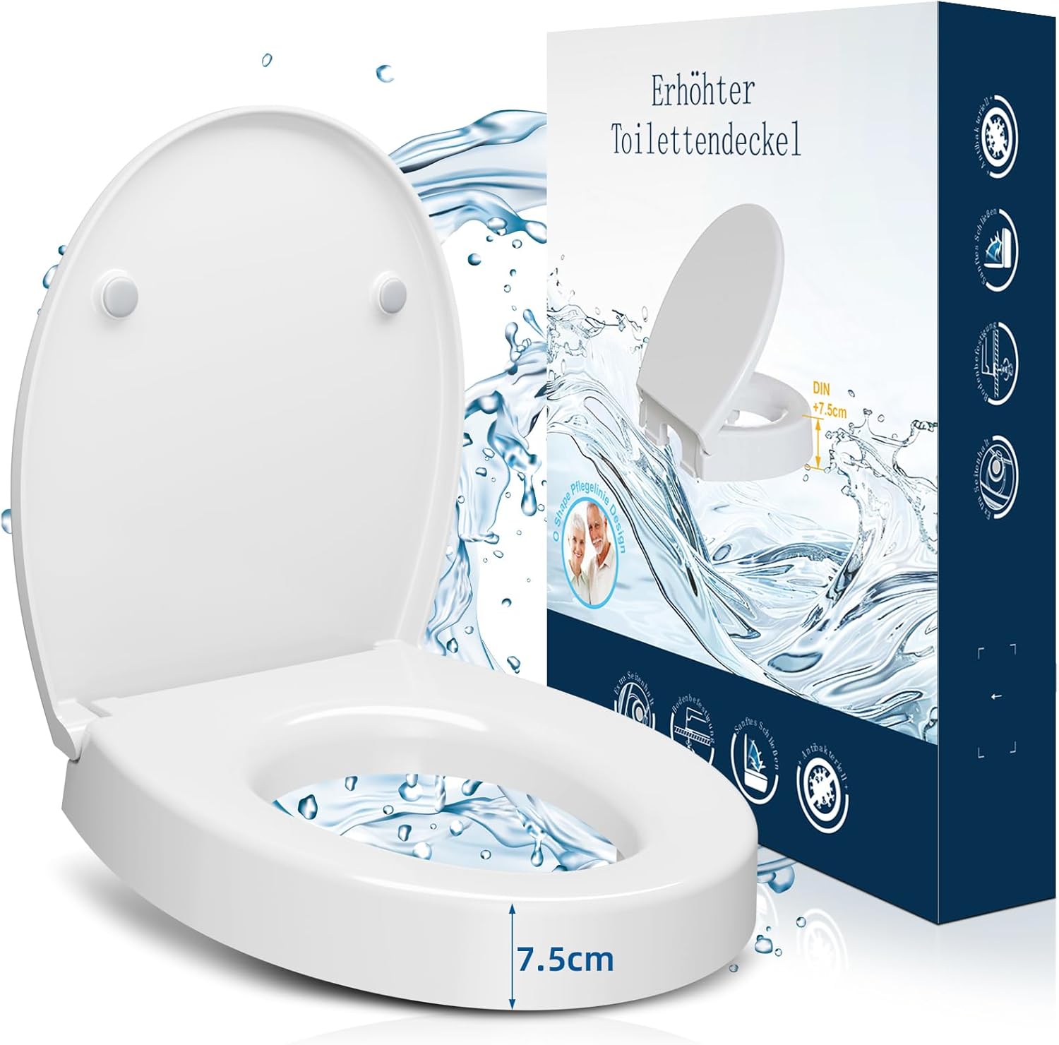 MUJIUSHI Store Toilet Seat Raiser, 7.5 cm Duroplast Raised Toilet Seat for Comfortable Sitting, Includes Soft-Close Mechanism, Maximum Load 250 kg, White (Attachment from Bottom)