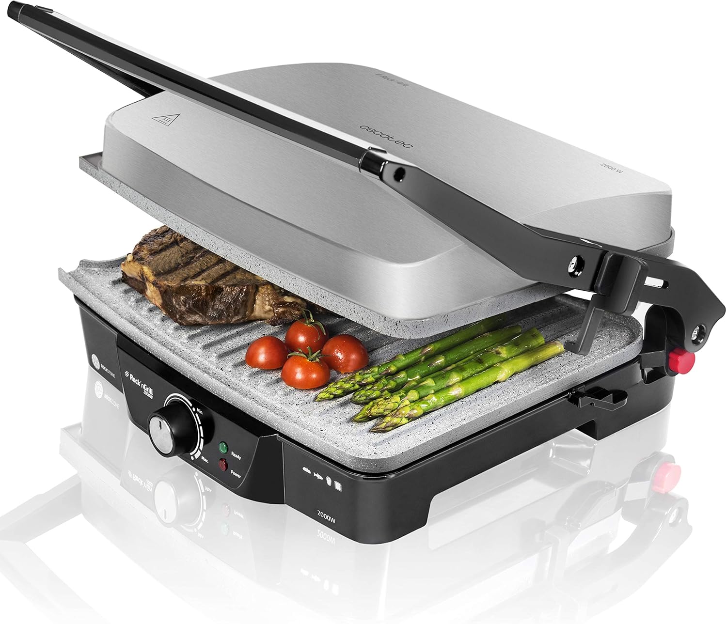 Cecotec Rock\'nGrill 2000W Electric Grill, RockStone Coating Temperature Regulator 180o Opening. Floating Top Plate Adaptable in Height. Cold Touch Handle, Steel and Black
