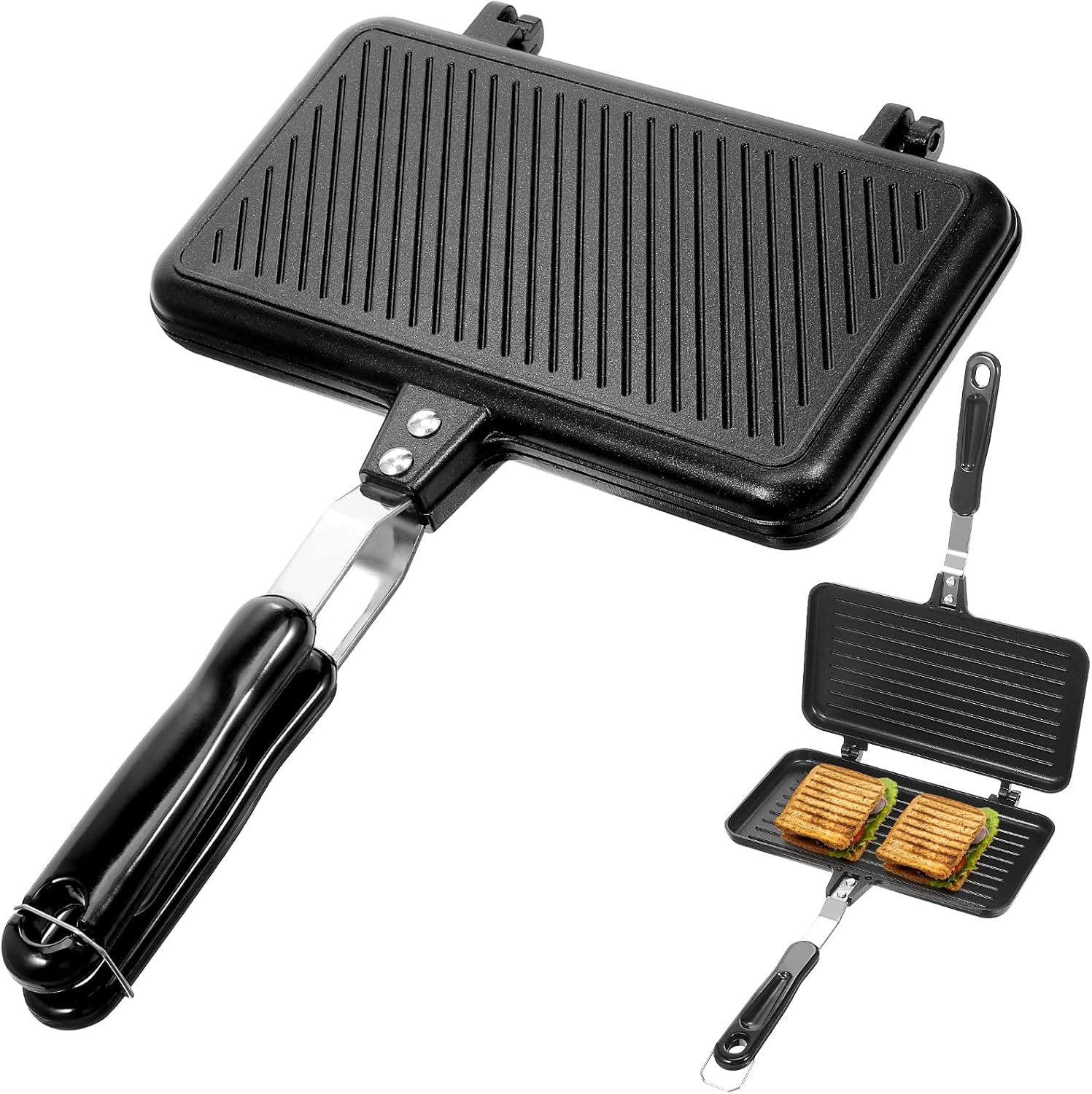 DOITOOL Toaster Xl Sandwich Maker, Double-Sided Frying Pan, Aluminium Omelette Trays, Pan, Baking Pan, Non-Stick Frying Pan, Home Cookware for Sandwich, Black Toast Maker, Black