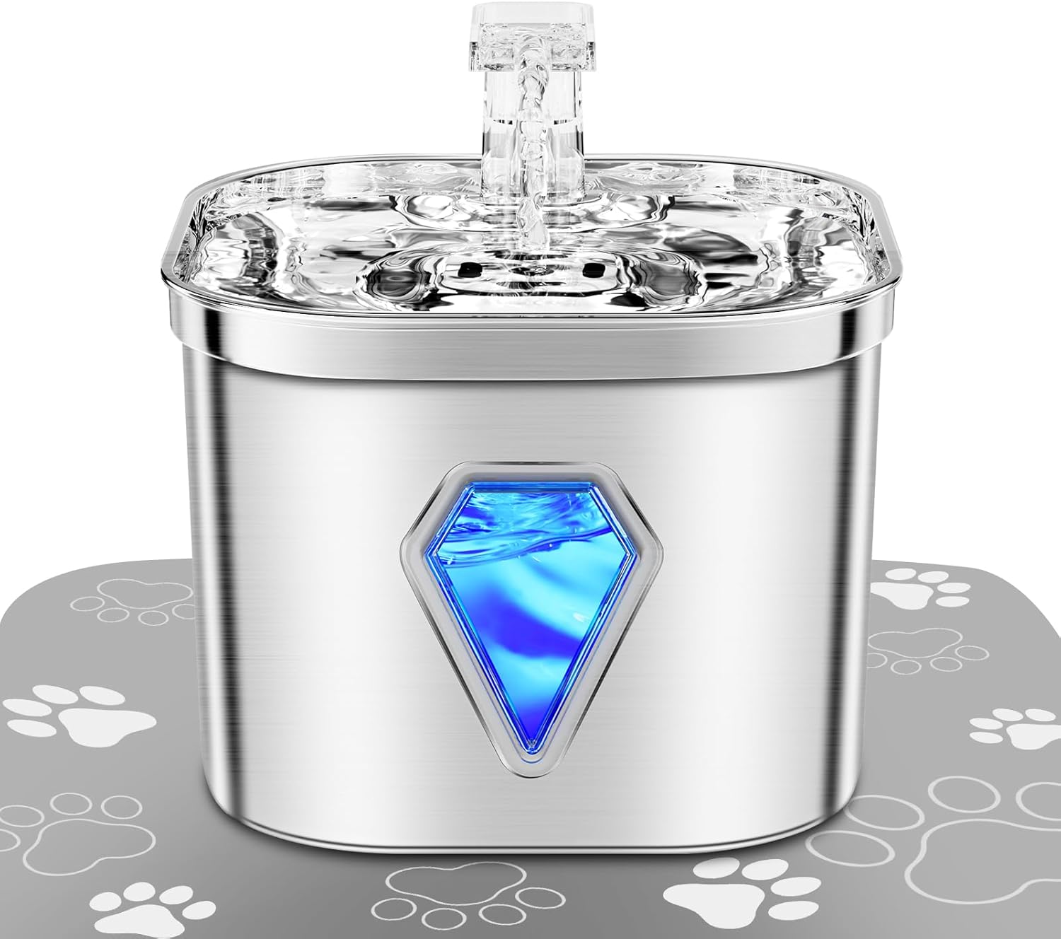 Stainless Steel Cat Fountain Drinking Fountain with LED Light, 2.5 L, Ultra Quiet, Water Dispenser Fountain USB Power Supply Water Fountain and Activated Carbon, 5-Level Filtration, for Cats and Dogs
