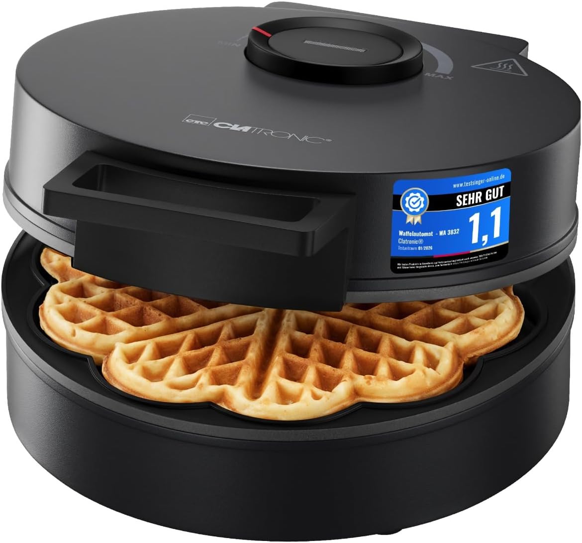 Clatronic Store Clatronic WA 3832 Heart-Shaped Waffle Iron with Non-Stick Coating Continuous Control for Browning as Desired Waffle Maker Heart Waffle Iron 1200 W Black