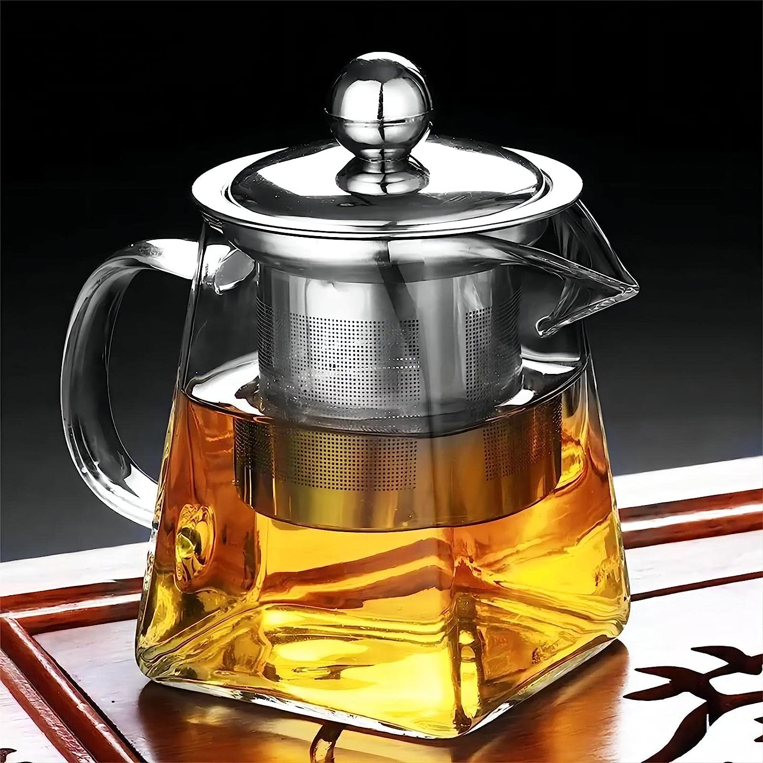Wisolt Glass Teapots with Removable Infuser, Tall Borosilicate Glass Teapot for Loose Leaves, Square Shape, Stainless Steel Sieve & Stainless Steel Lid, transparent, 750ml