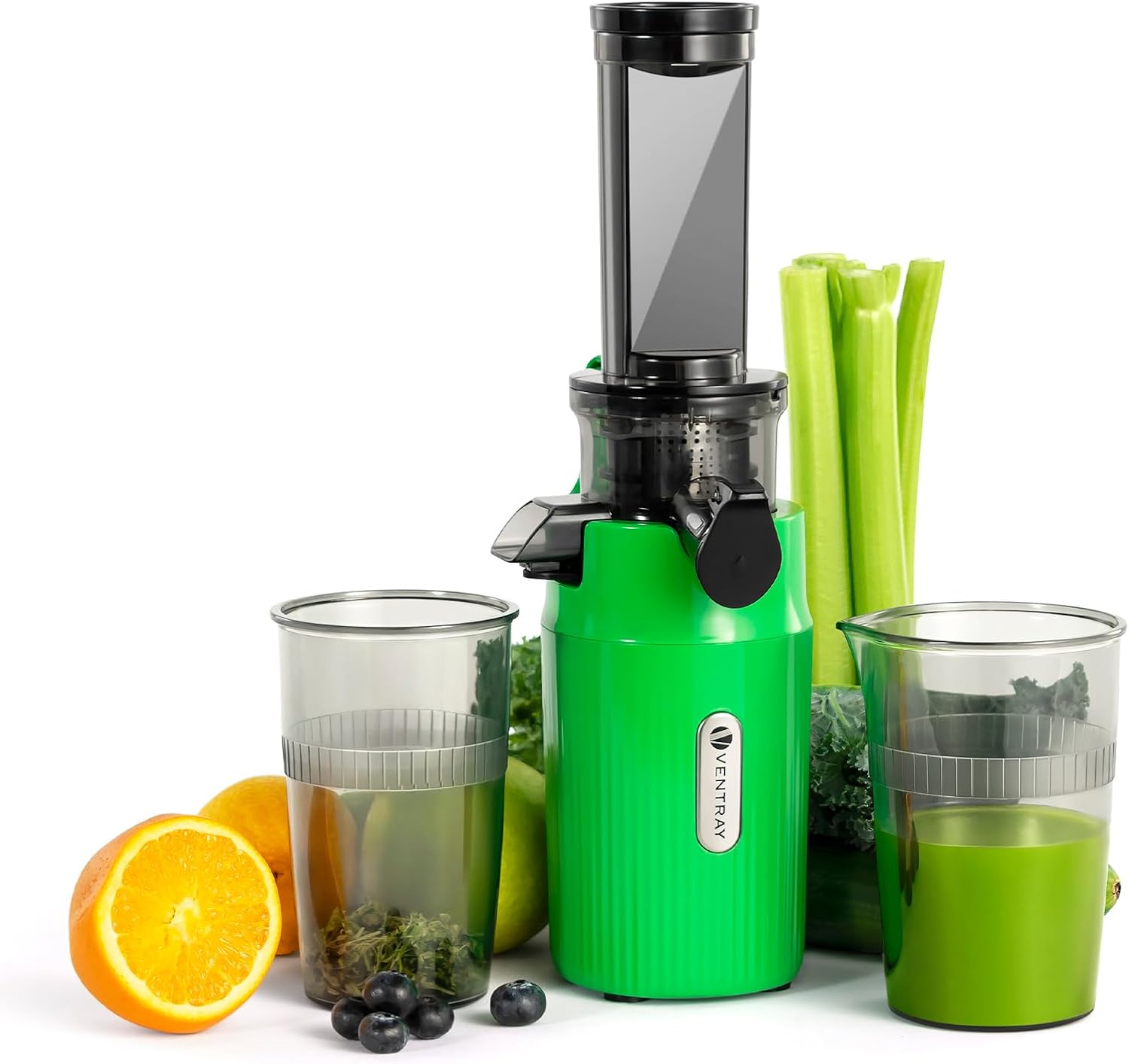 Ventray Ginnie Juicer, Slow Juicer with 60 rpm, 45 mm Opening, Reverse Function and Two Filter Sizes, BPA-Free, 100 Watt, Easy to Clean & Quiet, Slim Design, 400 ml, Parrot Green