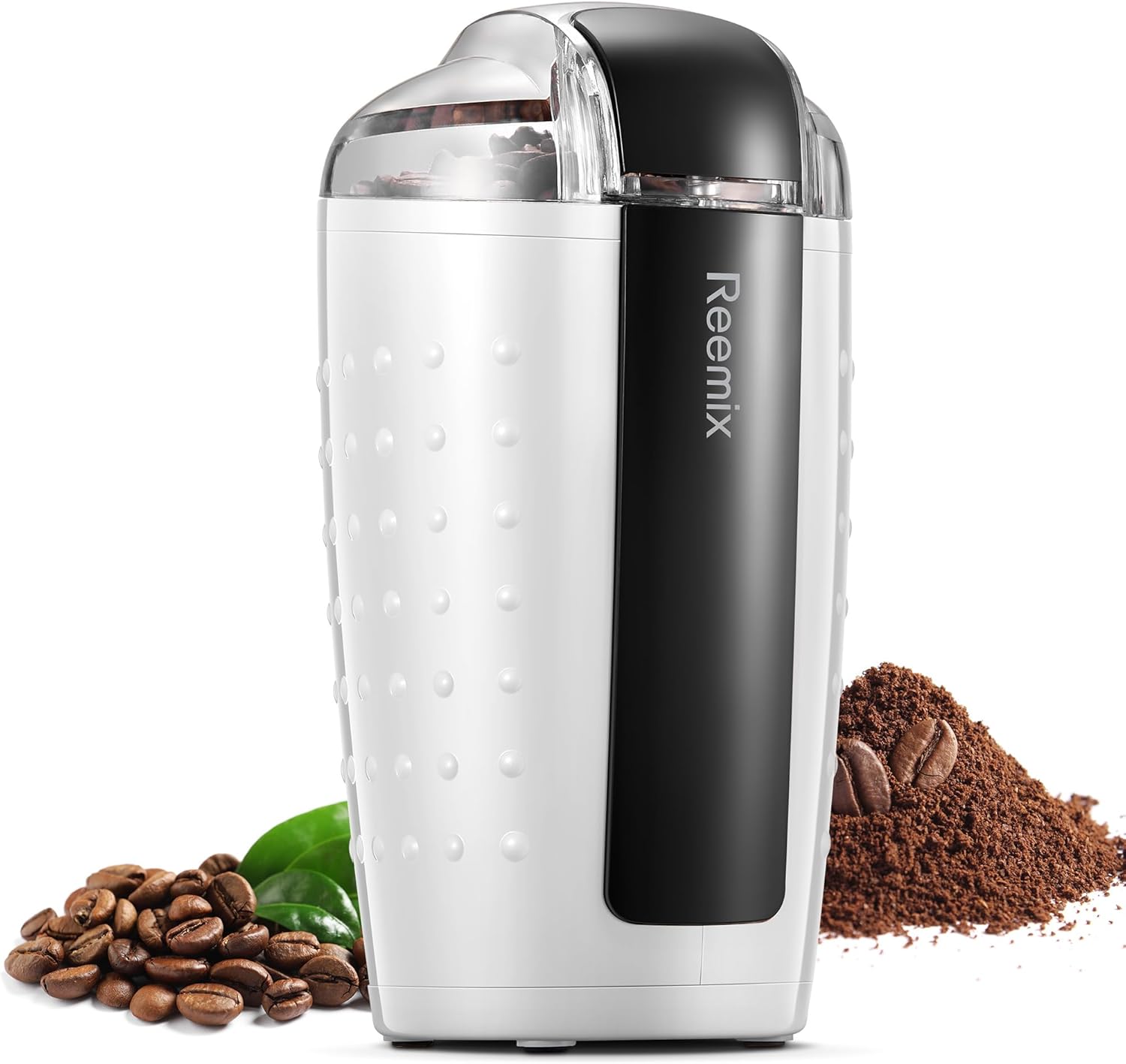 Reemix Electric Coffee Grinder, 100 g Capacity, Coffee Grinder and Spice Mill in One, Stainless Steel Blade, Quiet Coffee Grinder with Clean Brush and Spoon, Black (White)