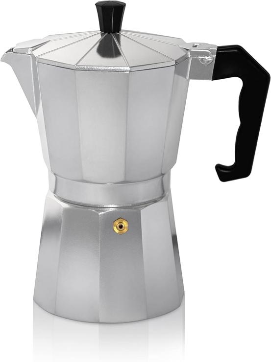 Kruger KRÜGER Aluminum Espresso Maker with Silicone Sealing Ring for 1 Cup - Quick and Easy Espresso Preparation - Safety Valve Prevents Overflow - Handy Handle (Silver)
