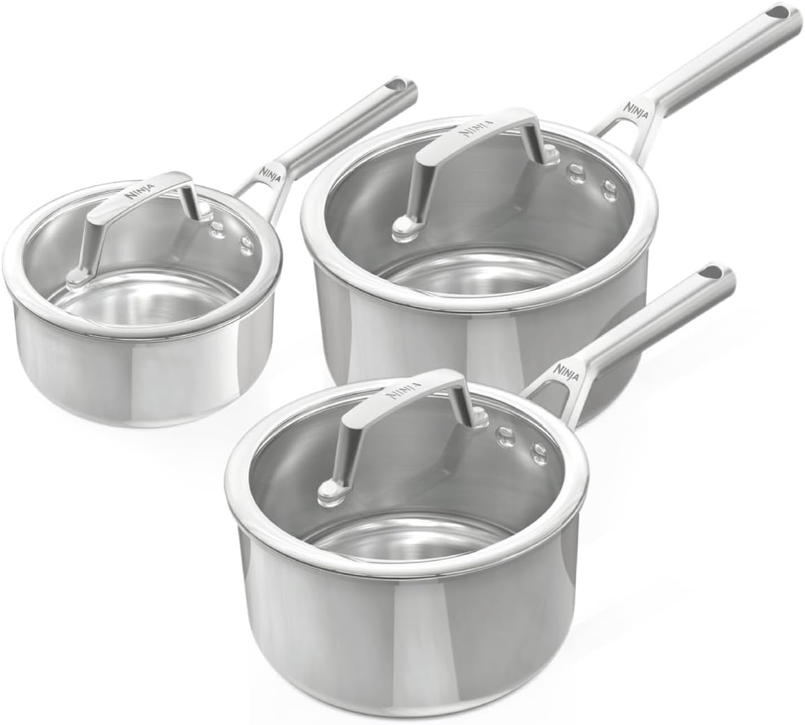 Ninja EverClad C93003EUI 3 Piece Stainless Steel Saucepan Set with Lid Suitable for All Hob Types Even Induction Oven Safe up to 300°C Continuous Induction Base