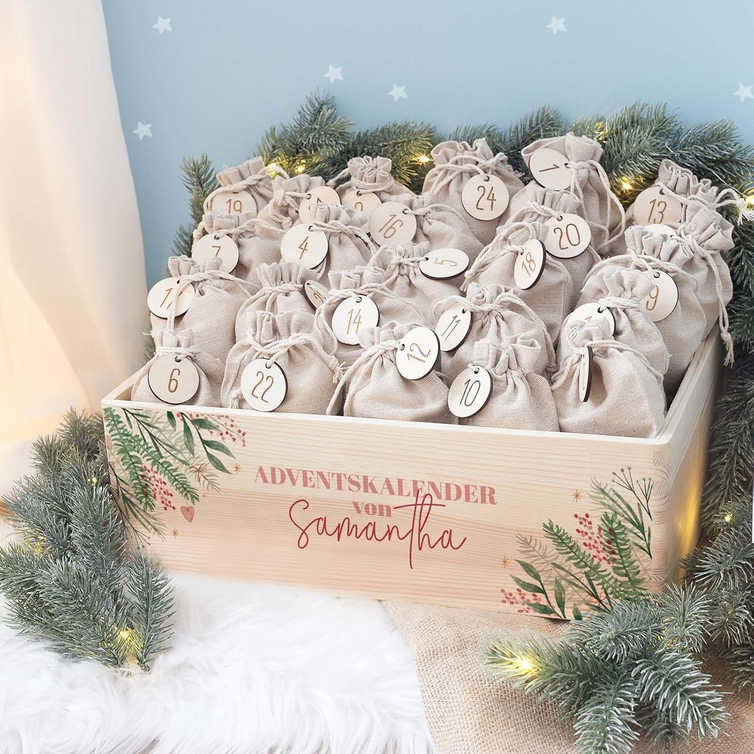 Personalized Advent Box - Advent Calendar for Adults Made of Wood with Name - Engraving Calendar DIY - Christmas Calendar for Couples - Hello Mini (Branches Corner)