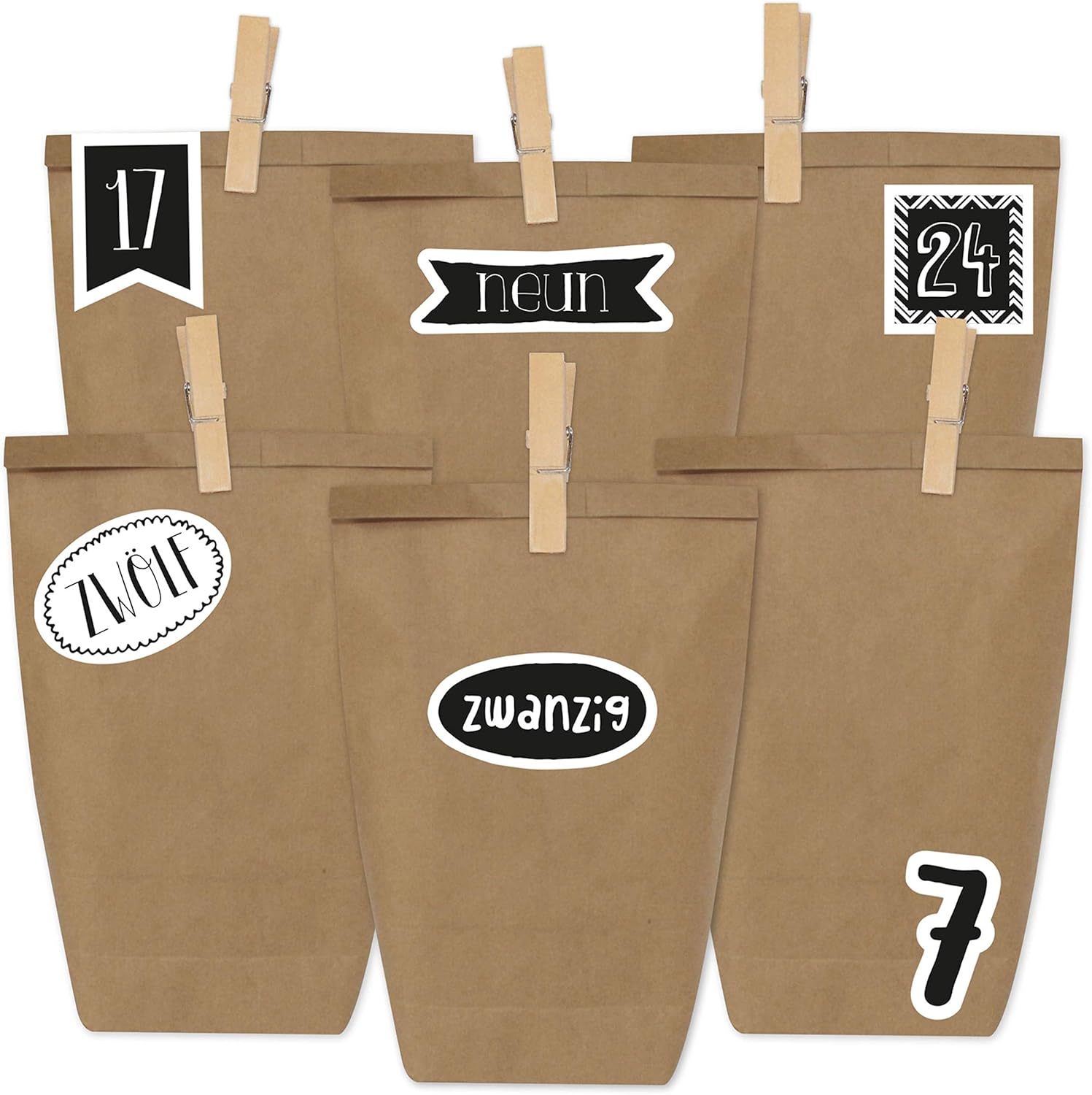 Papierdrachen Advent Calendar for Filling - Numbers to Stick on - with 24 Brown Paper Bags and Great Stickers for Children - Christmas