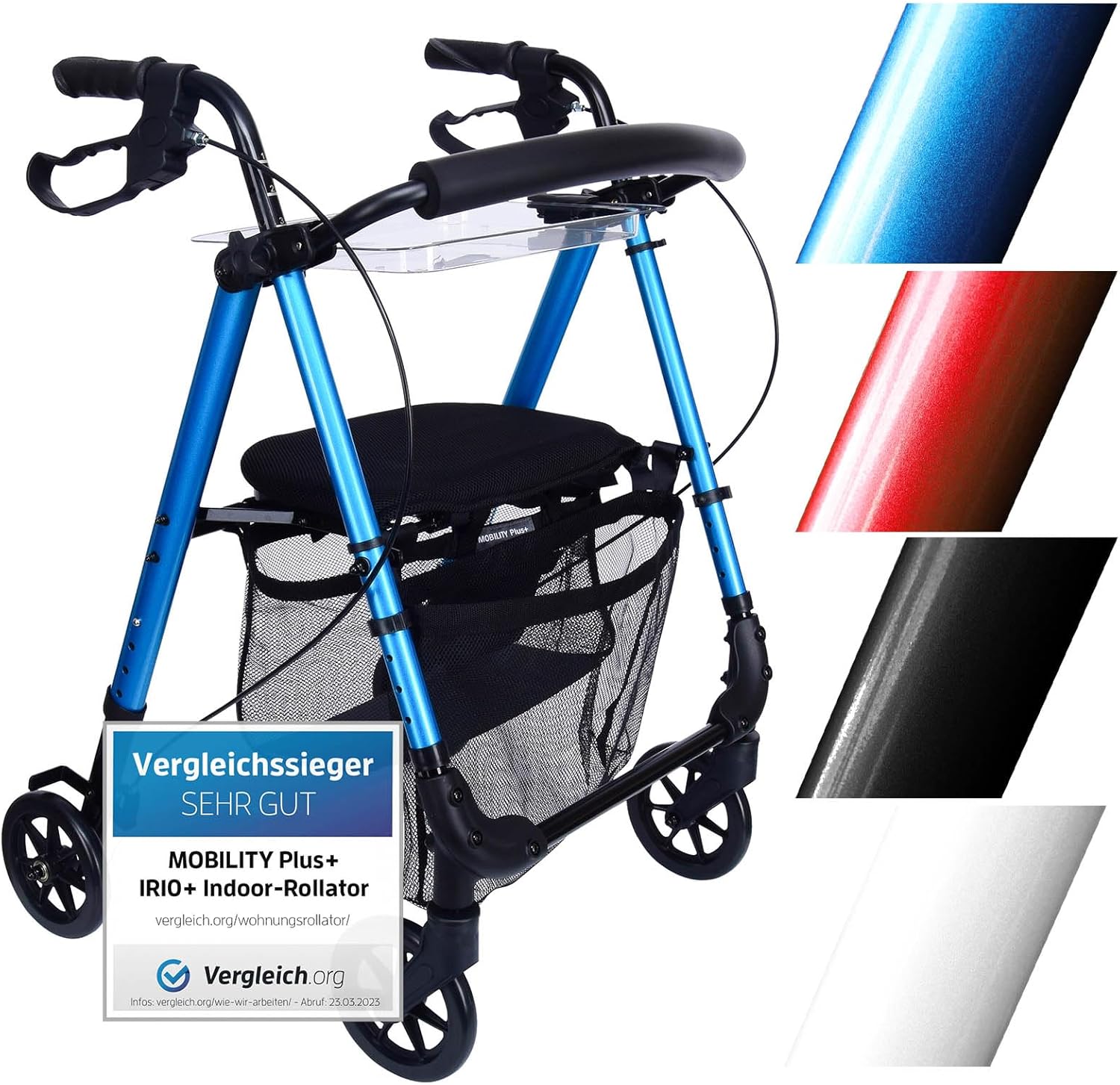 Mobility Plus+ Indoor Rollator IR10+ Blue - Home Rollator Lightweight, Slim & Foldable - Seat & Handle Height Adjustable - Walking Aid for Seniors Including Back Strap, Mesh Bag & Tray