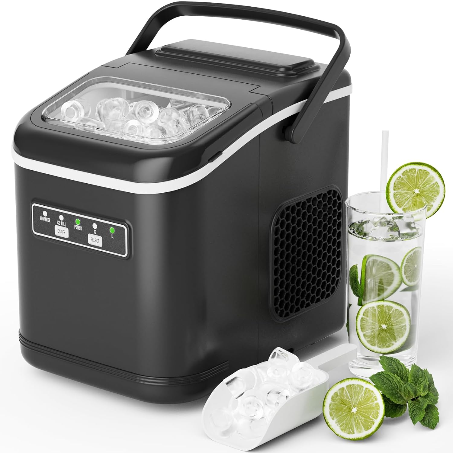 LIFERUN Ice Cube Machine, 12.0 kg24H, 9 Ice Cubes in 6 Minutes, 2 Sizes of Bullet Ice, Self-Cleaning Ice Cube Maker with Shovel and Basket, Ice Cube Machines for Home, Office, Bar, Party (Black)