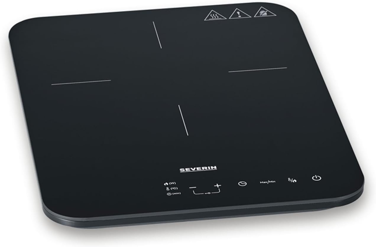 Severin KP 1032 Induction Hob, Matte Glass Ceramic Hob, Scratch-Resistant, 10 Power Levels, Touch Display with Timer Function, Beep and Automatic Shut-Off, 2,000 W, Black, Glass
