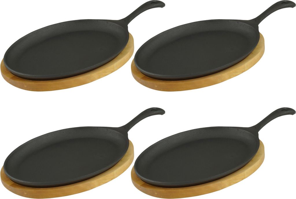 GVKECO 8x serving pan with wooden trivet, oval, 24 x 17 x 2 cm, cast iron