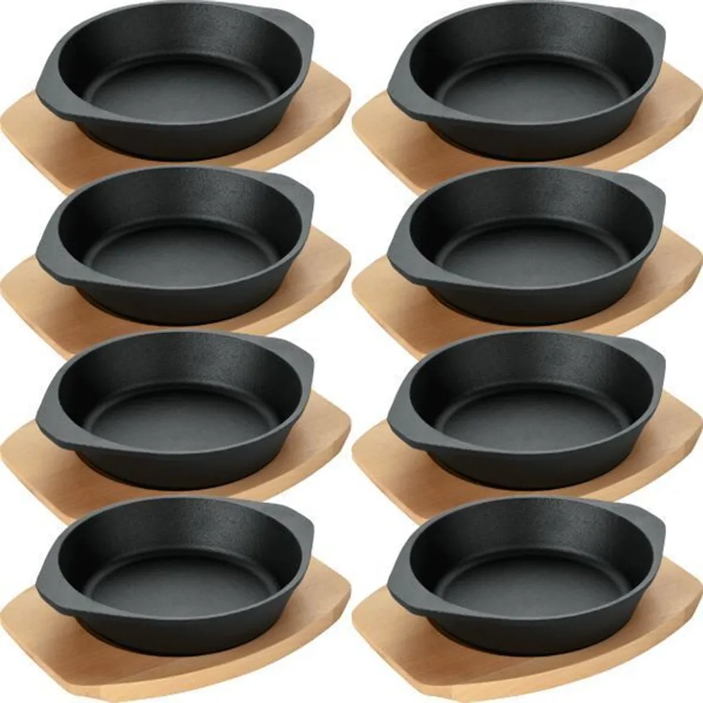 8x WAS Germany serving pan with wooden trivet and cloth handles Ø 18 cm cast iron