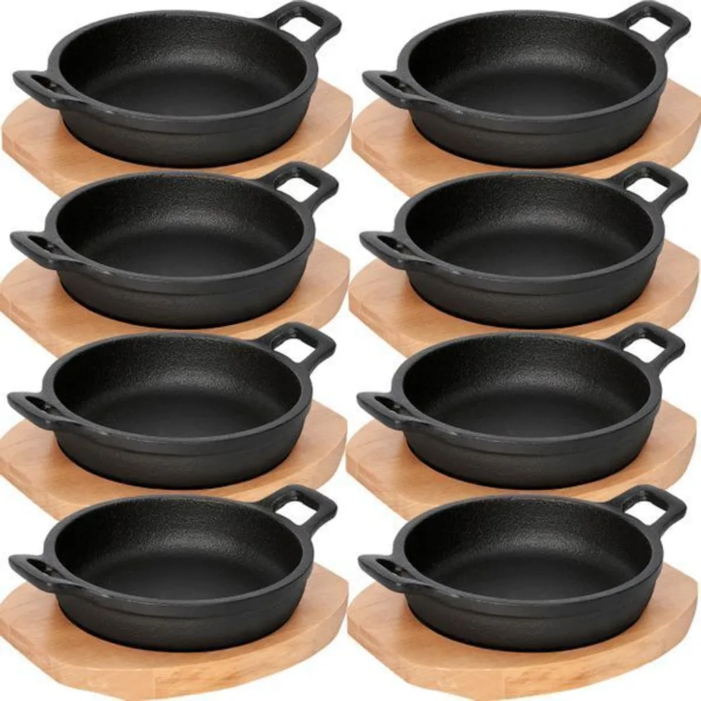 8x WAS Germany serving pan with wooden trivet and two side handles Ø 16 cm cast iron