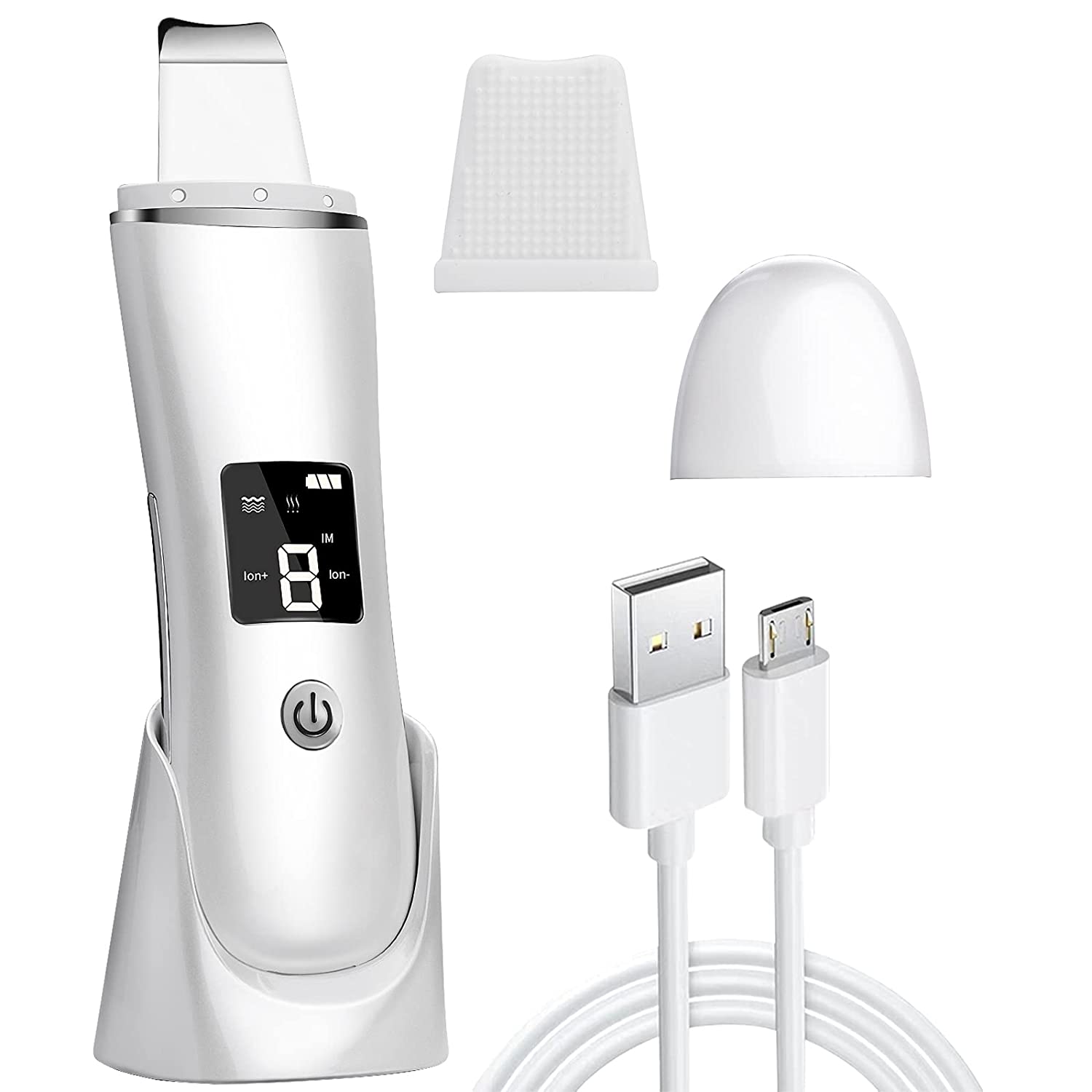 KingAcc Sonic Hautwäscher,LCD Ultraschallreinigungsgerät,Skin Scrubber Gesichtsspalte,4 Modi Mitesser-Entferner-Porenreiniger, Gesichtswäscher-Spatel, Komedonen-Extraktor für Gesichts-Tiefenreinigung, ‎weiß