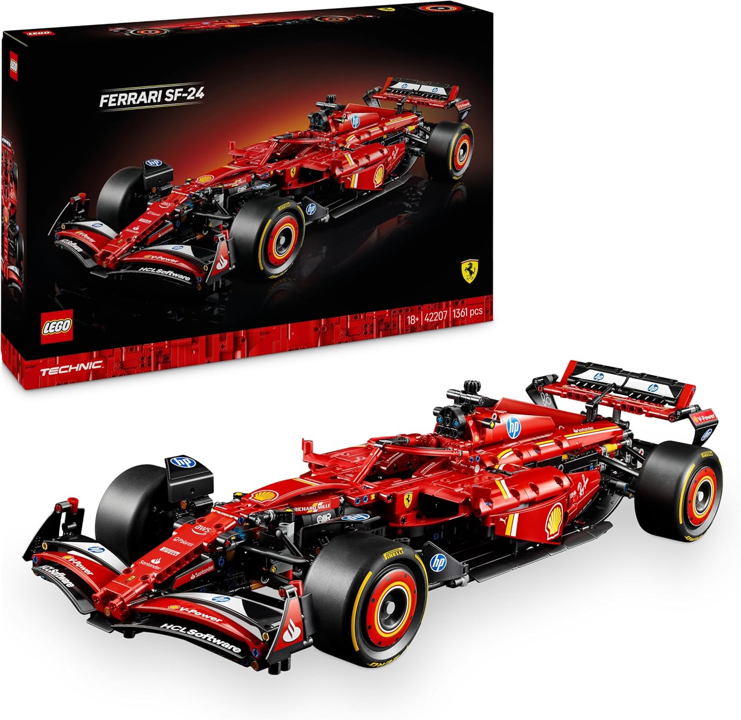 LEGO Technic Ferrari SF-24 F1 Racing Car - Model Car for Adults - Formula 1 Set to Collect - V6 Engine, Transmission, Steering and DRS in 1:8 Scale - Gift for Fans of Motorsport & Racing Car 42207