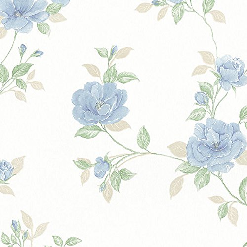 galerie-24 Md29436 – Silk Natural Motifs Flowers Blue, Cream, Green, Yellow Wallpaper 