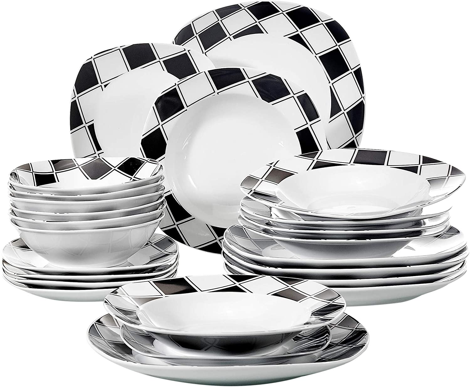 VEWEET Nicole Dinner Service 24 Pieces Porcelain Crockery Set Including Cereal Bowls, Dessert Plates, Dinner Plates and Soup Plates, Crockery Service for 6 People