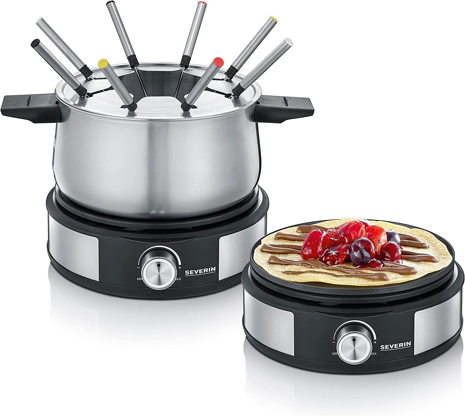 SEVERIN Store SEVERIN Fondue/Crepe Maker Combination, Dishwasher Safe Fondue Set with 8 Colour-Coded Forks, Stainless Steel, for Fondue or Crepes, Black, FO 2471, 26