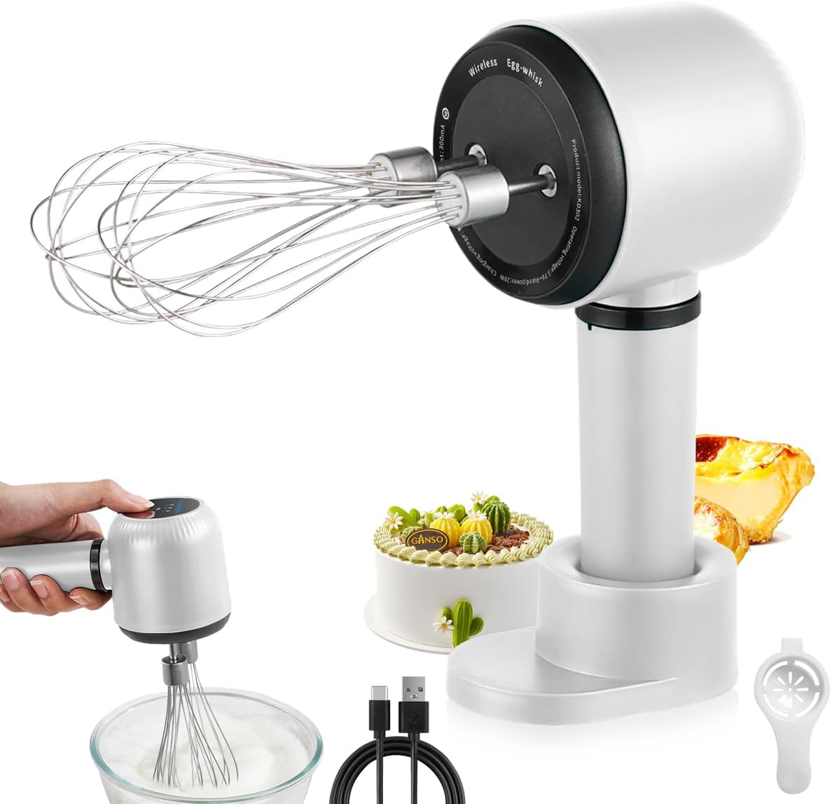NIUAWASA Electric Hand Mixer, 3 Speeds Hand Mixer, Rechargeable Hand Whisk with 2 Removable Whisks for Baking, Egg Beating, Cream, Jam (White)