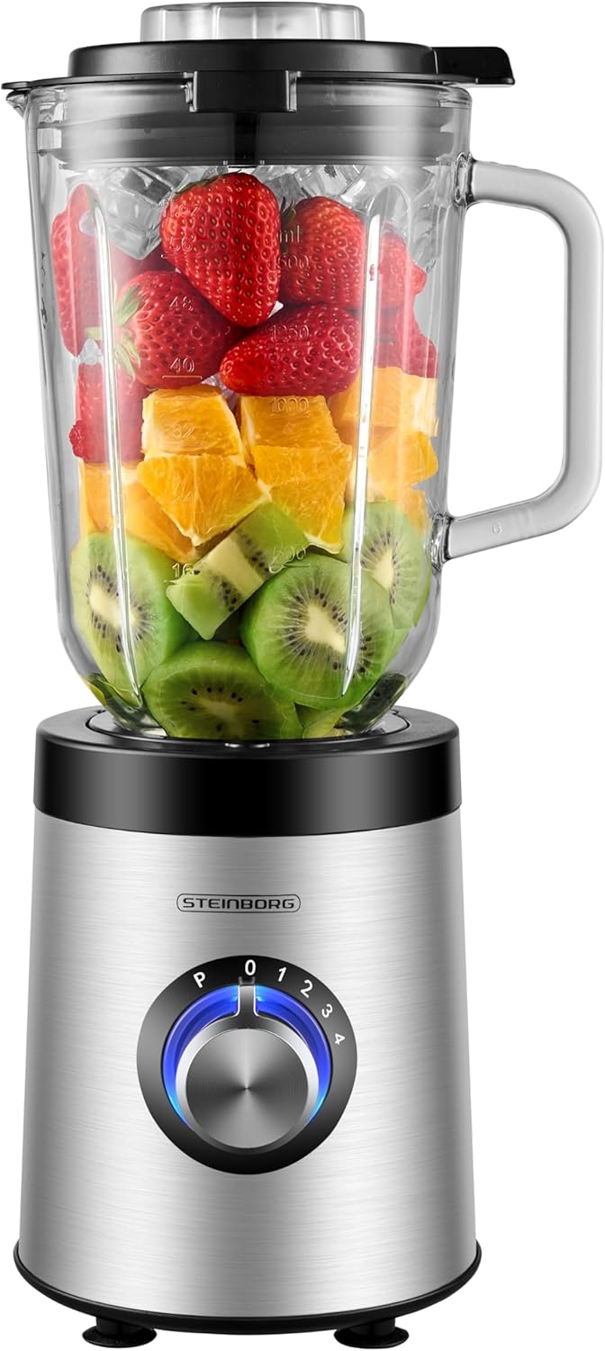 Steinborg Stand Mixer Glass Stainless Steel 800 Watt 1.5 Litre Glass Jug Universal Power Mixer Smoothie Maker Chopper Multifunctional Mixer 6-Way Knife Ice Crusher 5 Levels + Pulse Function