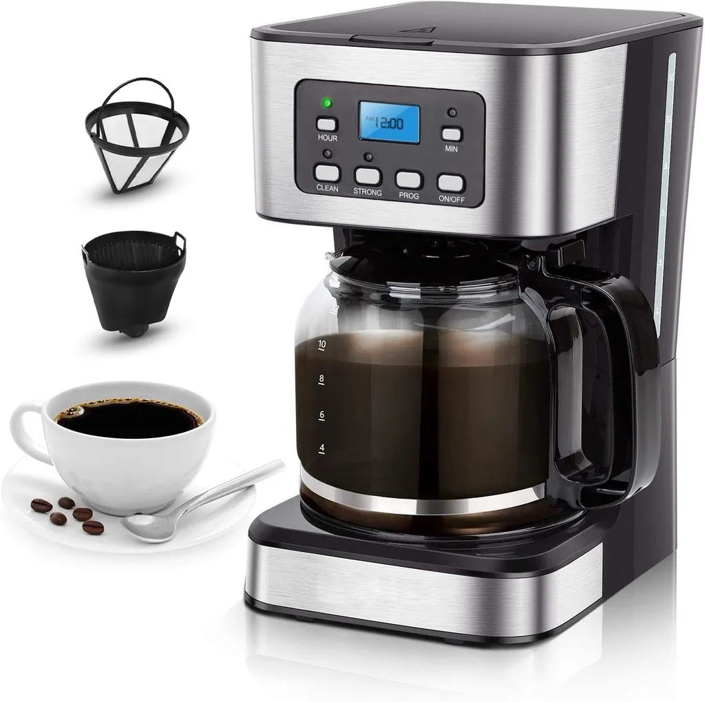 Zelurxx 950W coffee maker with timer, 1.5L filter coffee machine, 12 cups, automatic shut-off, drip stop, reusable filter & hot plate, BPA-free, black