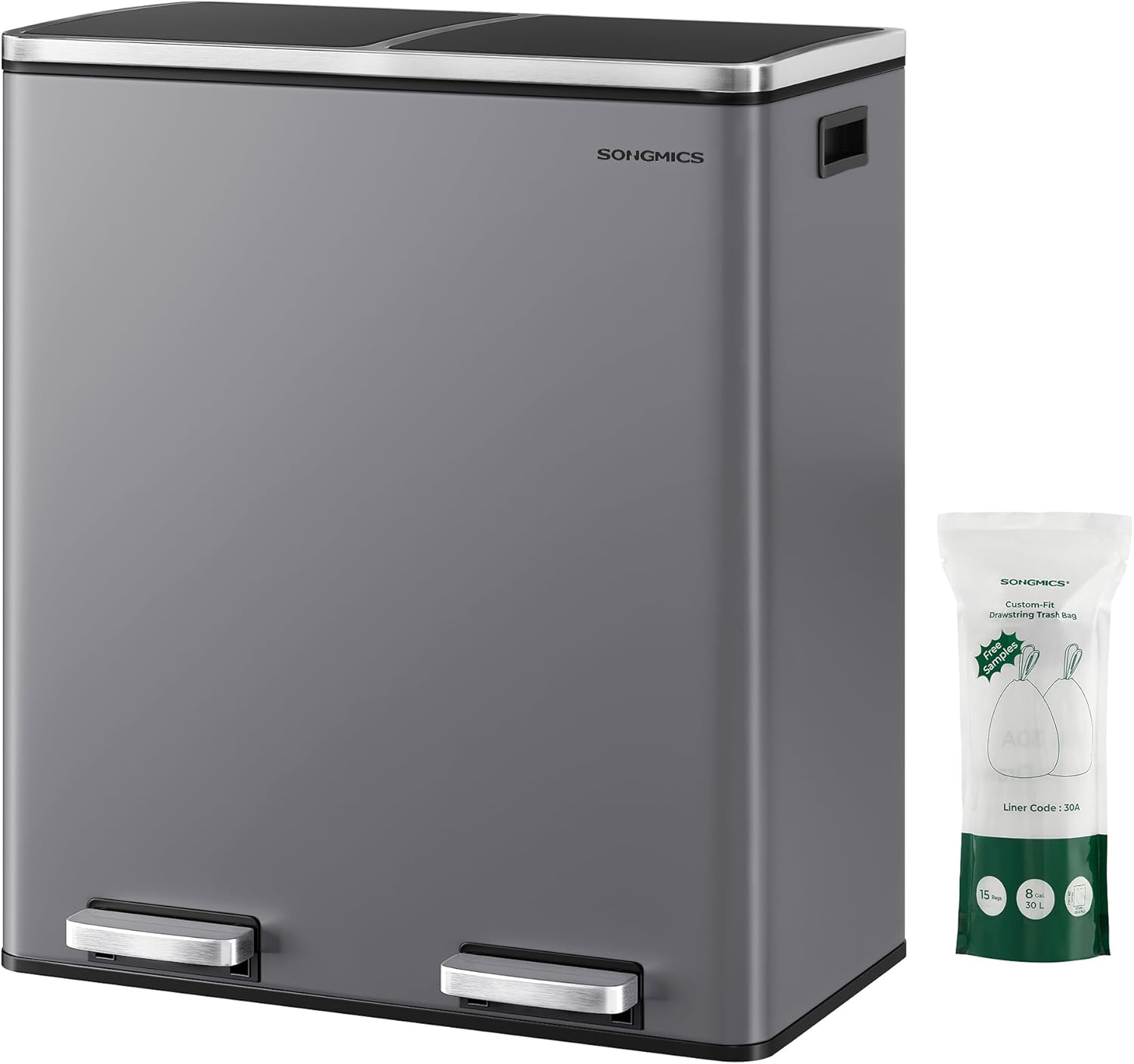 SONGMICS LTB060G01 Bin 2 x 30 Liters, 2 Compartments, Waste Separation System, Pedal Bin, Kitchen, 15 Rubbish Bags, Metal, Plastic Inner Bucket, Hinged Lid, Softclose, Airtight, Slate Gray