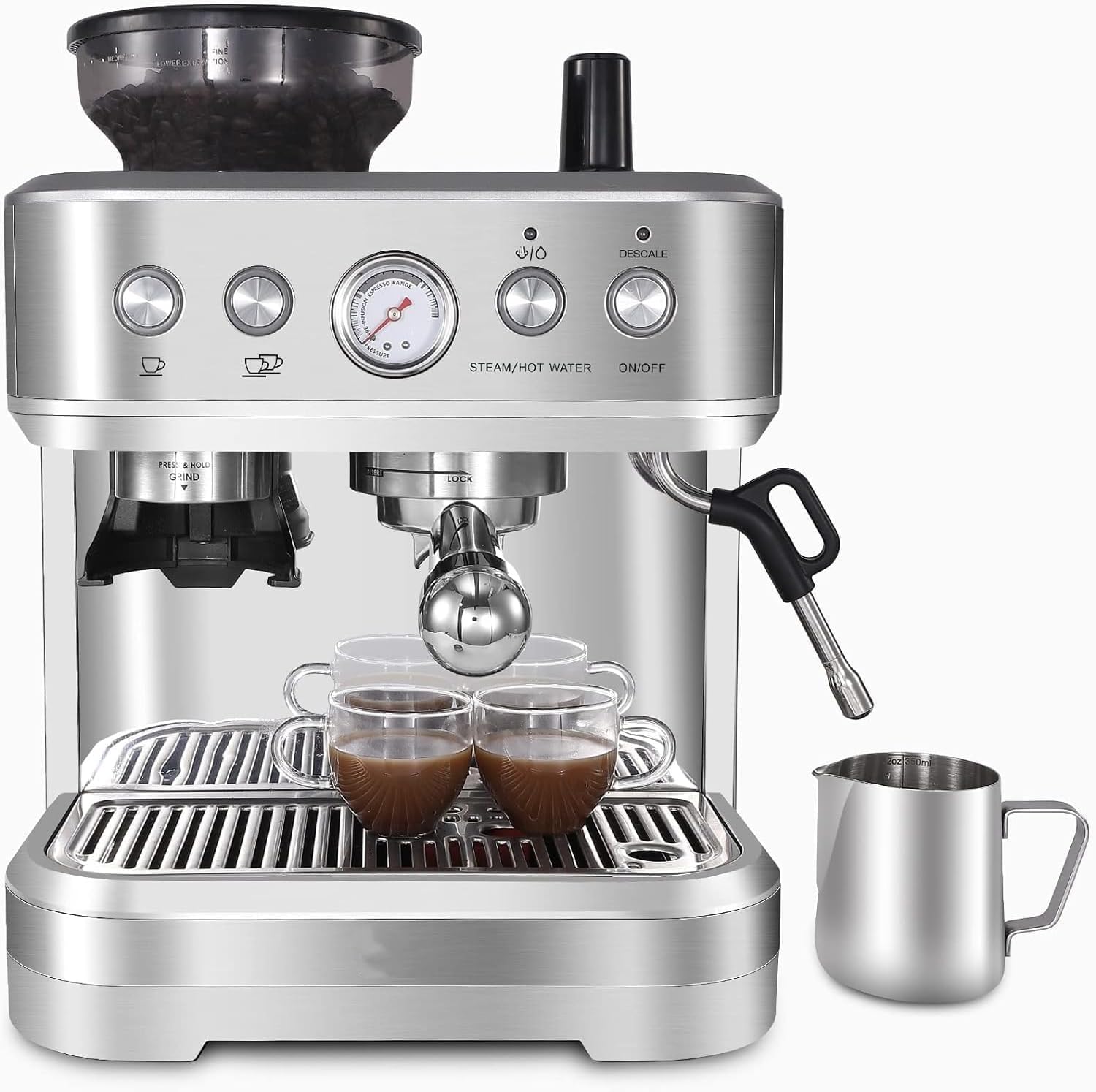 Espresso Machine with 2.3 L Water Tank - 15 Bar Extraction Pressure, Espresso Portafilter Machine Integrated Grinder & Professional Milk Foam Nozzle for Cappuccino and Latte, Stainless Steel, Silver