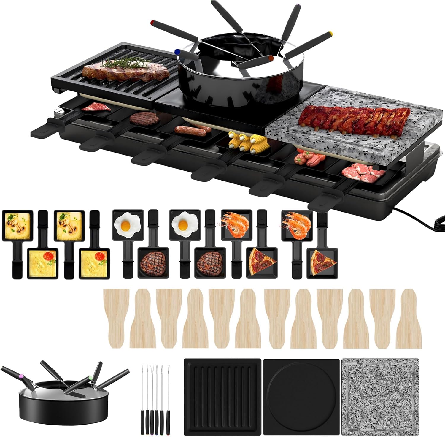 UISEBRT Raclette Grill for 12 People, 3-in-1 Raklette Device with Pans, Fondue Set, Hot Stone, 12 Pans and 12 Wooden Spatulas, Raclette Grill Non-Stick Grill Plate, 1650 W
