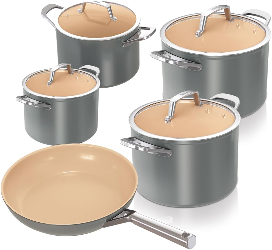 Ninja Extended Life CW95000EUUKDB Ceramic Cooking Set 5-Piece (20 & 24 cm Sauté Pan + 16, 18 & 20 cm Pots & Lids), Non-Stick Coating (without PFAs, PFOAs, Lead & Cadmium), Oven-Safe Gray & Terracotta