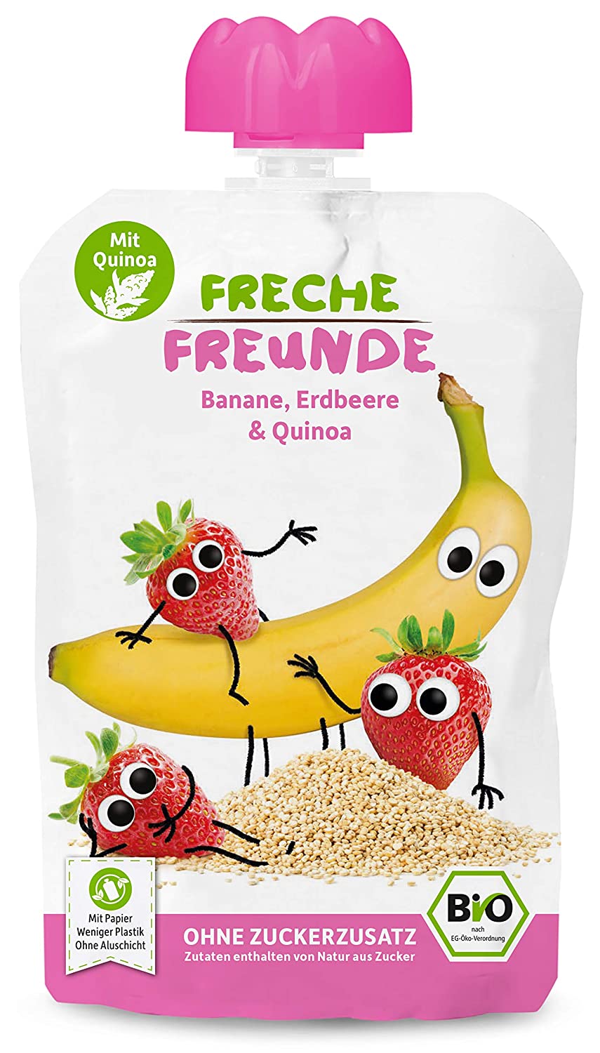 FRECHE FREUNDE Bio Quetschie Banane Erdbeere Quinoa Fruchtmus mit Getreide im Quetschbeutel für Babys ab dem 6 Monat glutenfrei laktosefrei vegan, 100 g