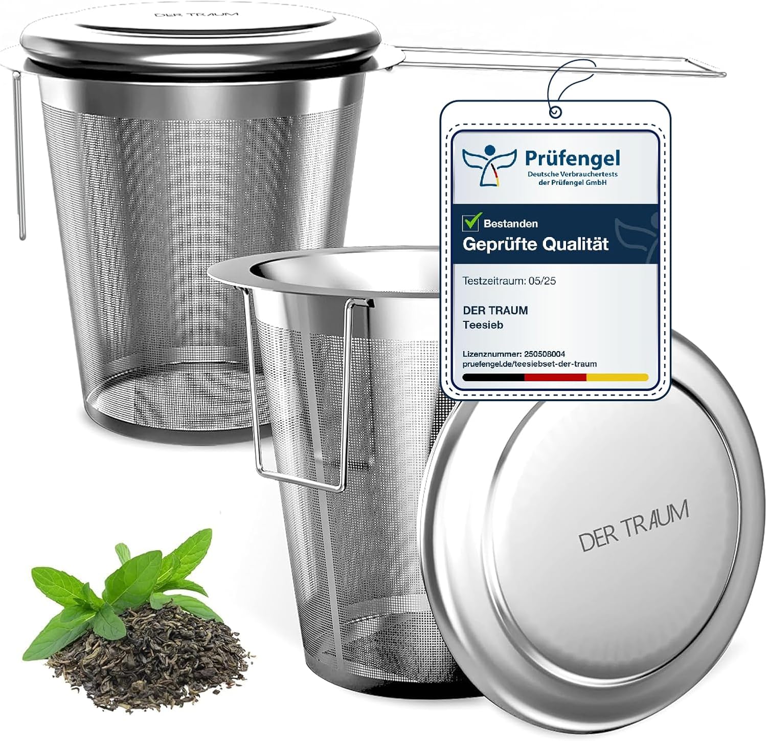 Tea Strainer for Loose Tea Made of 304 Stainless Steel - Pack of 2 Tea Strainer for Cup, Tea Filter Stainless Steel with Lid and Foldable Handles - Fine Mesh and Dishwasher Safe