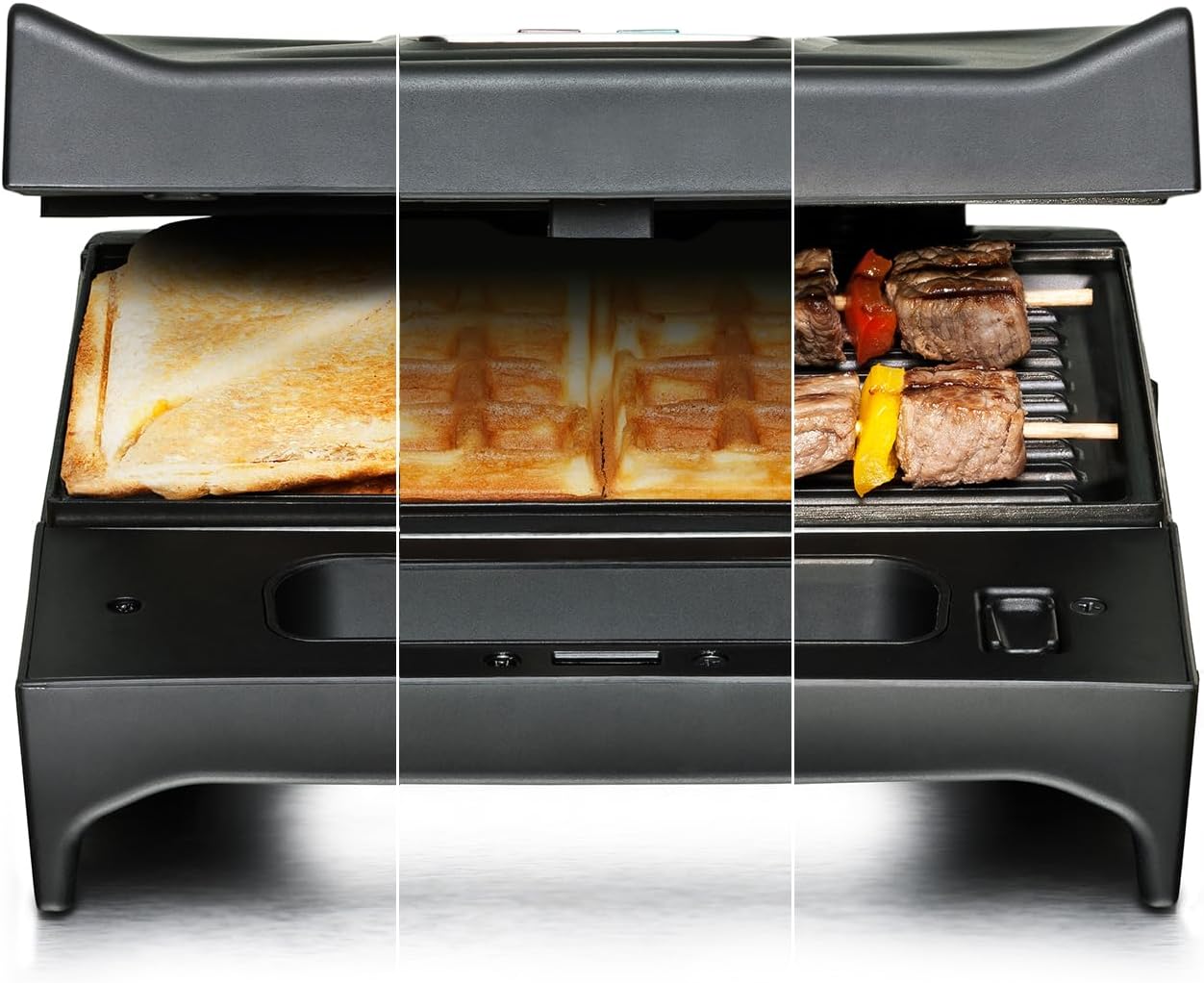 ROMMELSBACHER SWG 700 3-in-1 Multi Toast & Grill Max (Sandwich Maker, Belgian Waffle Iron, Contact Grill, 3 Interchangeable Die-Cast Aluminium Plates, 2-Layer Non-Stick Coating) Black/Stainless Steel