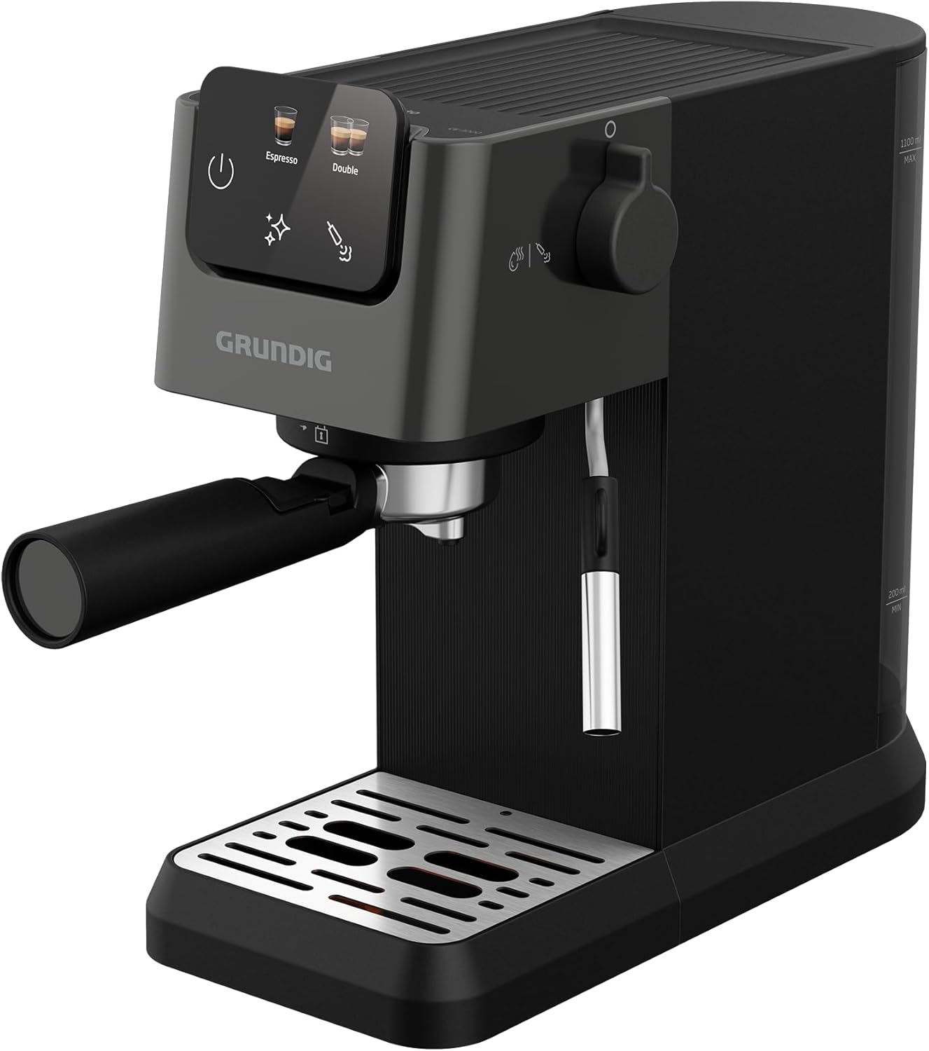 GRUNDIG KSM 4330 Portafilter Machine with Milk Frothing Nozzle, Espresso Machine, for Ground Coffee, Removable Water Tank, Touch Display, 1628 W Power, Memory Function, Black