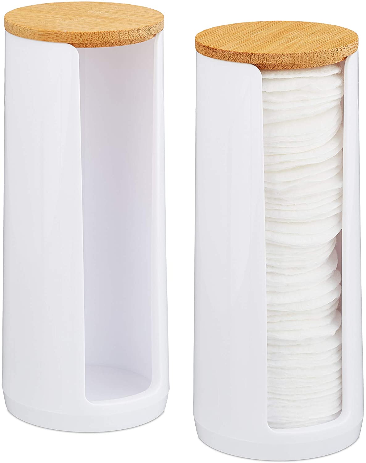 Relaxdays Cotton Pads Storage Set of 2 Acrylic Round Cotton Pad Dispenser with Lid Bathroom and Dressing Table H x D 20 x 7 cm White