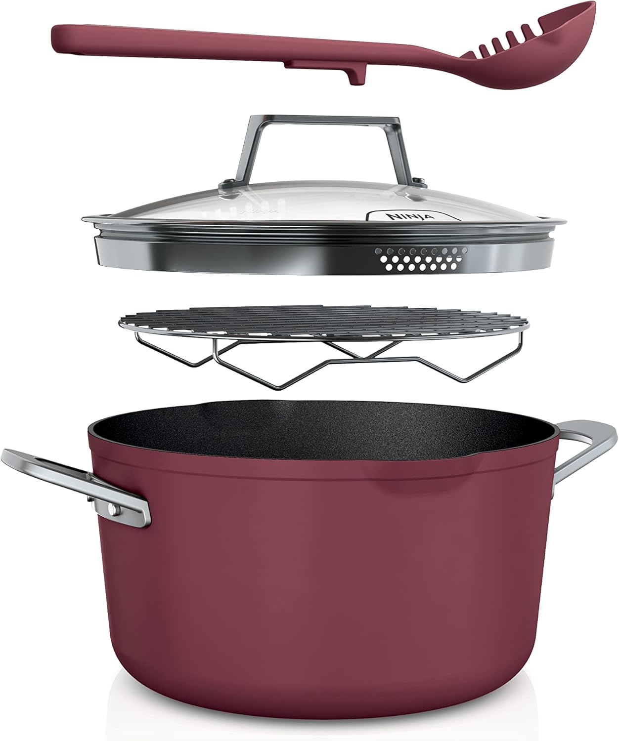 Ninja CW202RD Foodi NeverStick PossiblePot Premium 2.7 Liter Roasting Rack, Glass Lid and Integrated Spoon, Non-Stick, Durable and Oven Safe up to 500 F, Cherry Pie