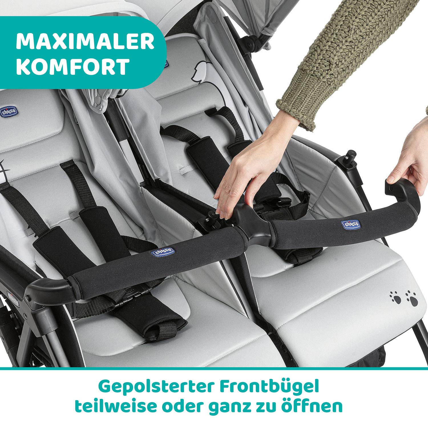 Chicco OHlalà Twin Double Pushchair from Birth to 15 kg, Pushchair for Twins and Siblings, Adjustable Foldable Twin Buggy, Rain Cover and Extendable Hood