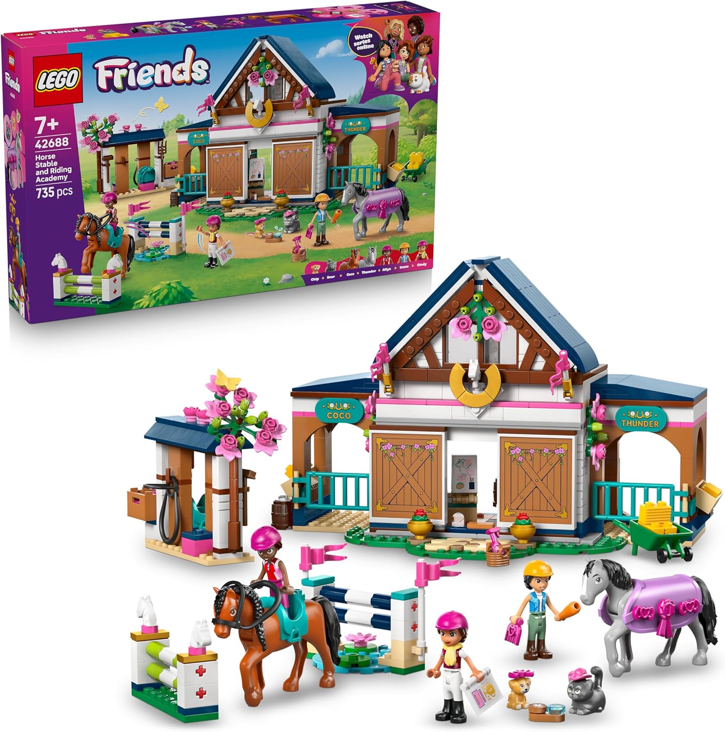 LEGO Friends Horse Stable and Riding School - Learning Play Set with 3 Mini Dolls, 2 Horse Figures, a Dog Puppy & Care Accessories - Birthday Gift for Girls from 7 Years - 42688