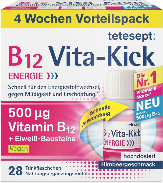 Tetesept B12 Vita-Kick Drinking Pads - Nutritional Supplements for Fast Energy & Performance - Vitamin B12 Ampoules with Protein Building Blocks - Monthly Pack of 28 Drinking Walls