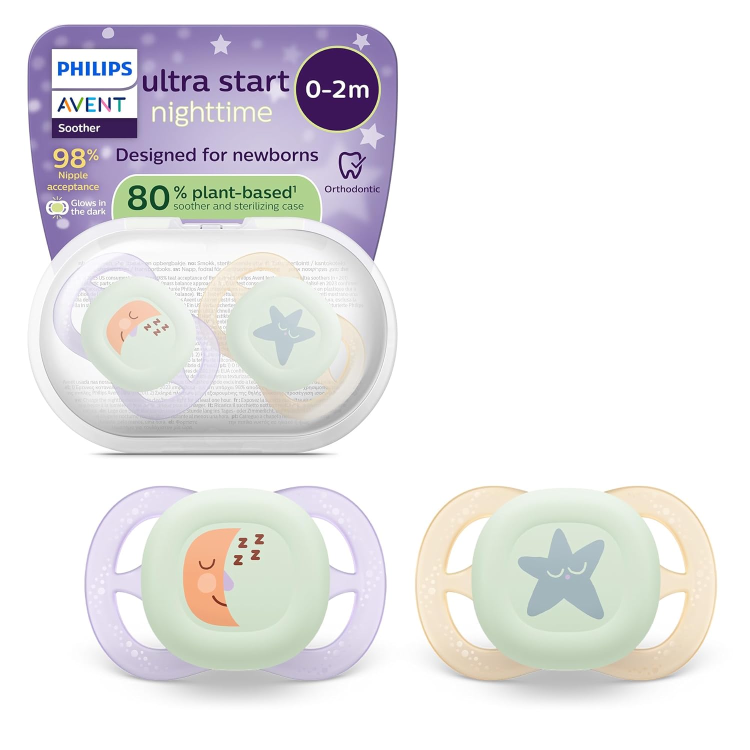 Philips AVENT Ultra Start Nighttime Soother - Orthodontic Design for Newborns, Glow in the Dark, Soft, Symmetrical Silicone Teat, BPA-Free, Pack of 2, SCF075/17