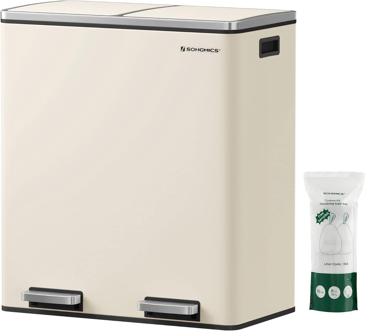 SONGMICS LTB060A01 Bin 2 x 30 Liters, 2 Compartments, Waste Separation System, Pedal Bin, Kitchen, 15 Rubbish Bags, Metal, Plastic Inner Bucket, Hinged Lid, Soft Close, Airtight, Almond Color