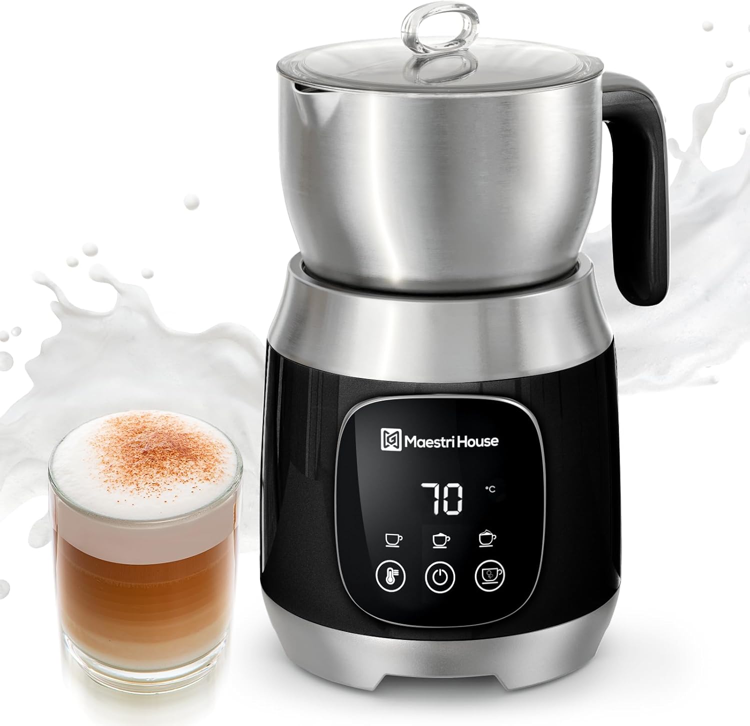 Maestri House DualFro 600 12-in-1 Electric Milk Frother, Dishwasher Safe Stainless Steel Milk Steamer with Variable Temperature and Foam, Memory Function for Latte, Hot Chocolate, DualFro 600