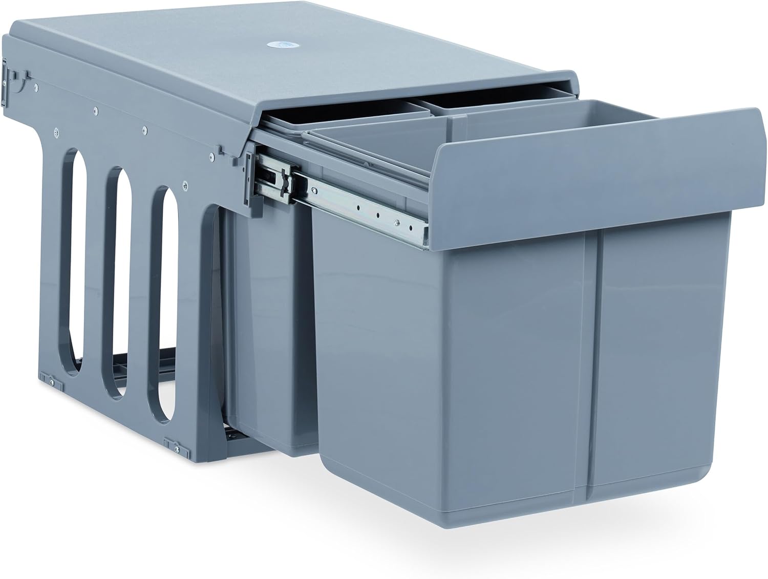 Relaxdays Integrated Kitchen Waste Bin, Pull-Out, 3-Way Under-Cabinet Waste System, 15 & 8 Liters, Plastic, HxWxD 35 x 34 x 48 cm, Grey