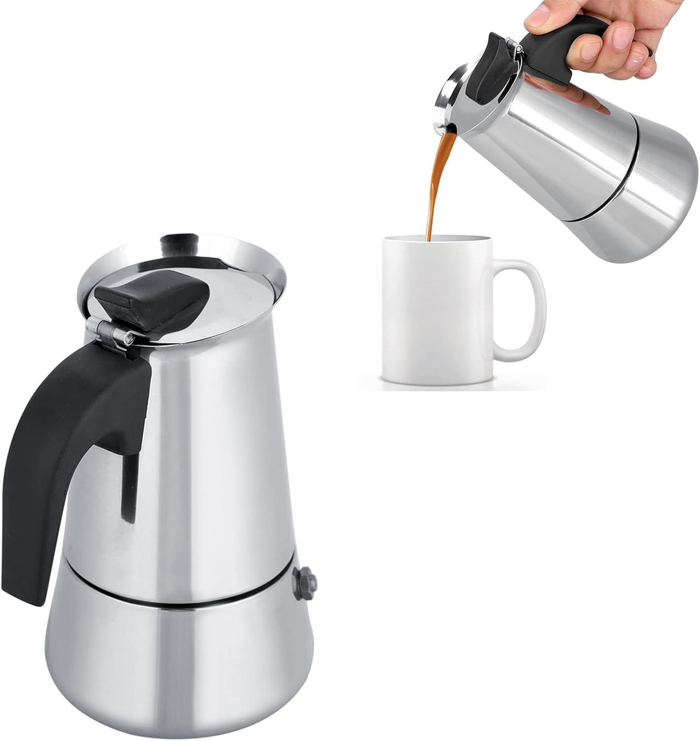 Ticfox 2 Cup Espresso Maker, Stainless Steel, Mocha Jug, Espresso Maker, Portable Coffee Pot, Mocha Espresso Machine, Mocha Pot Compatible with Gas and Alcohol Stove (100 ml)