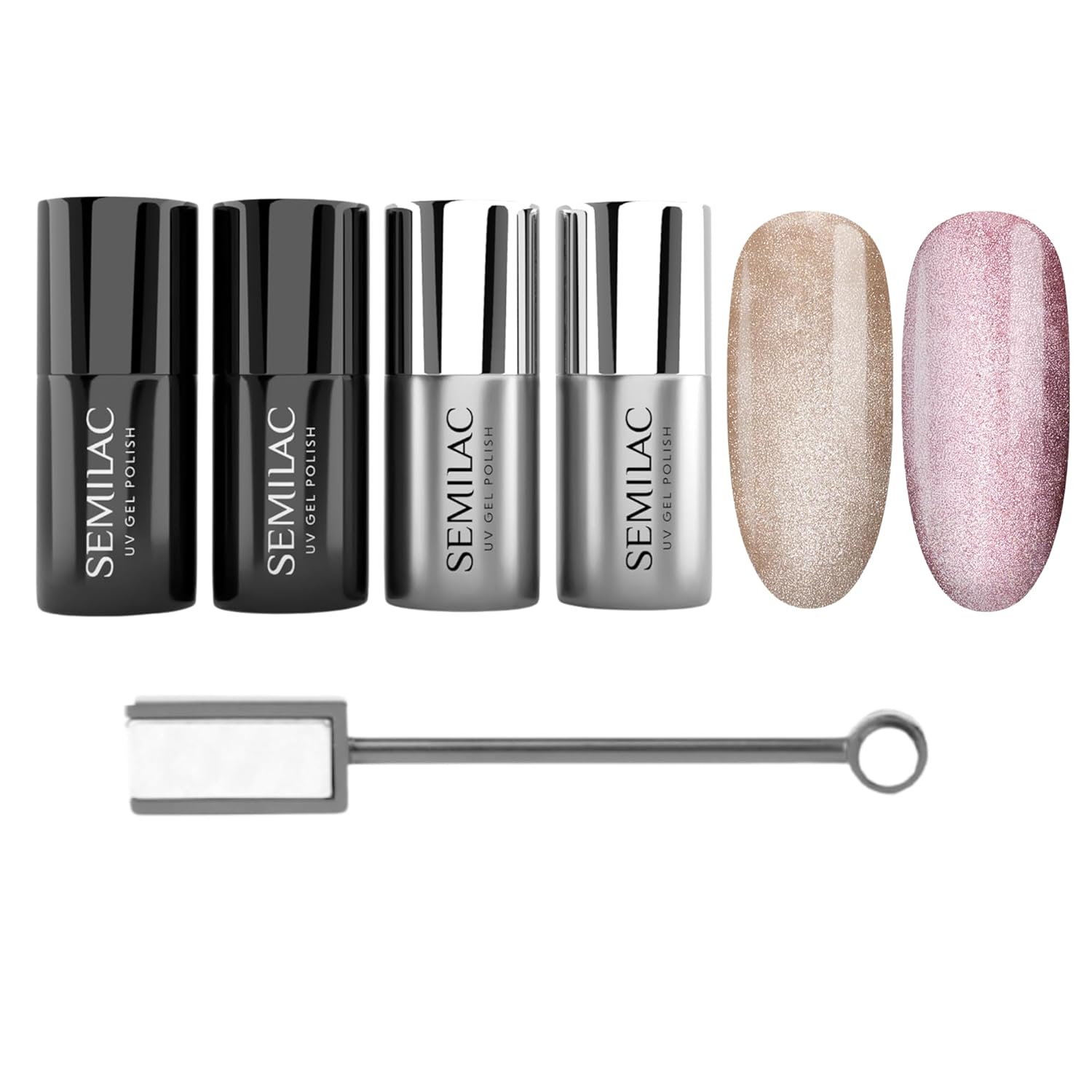 Semilac Glass Nails Set - UV Nail Polish 661 Linen Gloss & 663 Blush Gloss, Cat Eye Effect with Magnet, Base & Top Coat