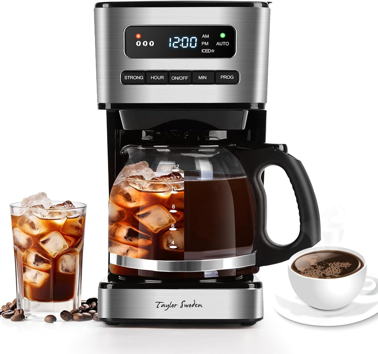 Taylor Swoden Coffee Machine 1.8 L with 24H Timer, Iced Coffee Mode, 3-Level Strength Selection Automatic Cleaning, Filter Coffee Machine with Glass Jug & Drip Stop, Reusable Filter, Black