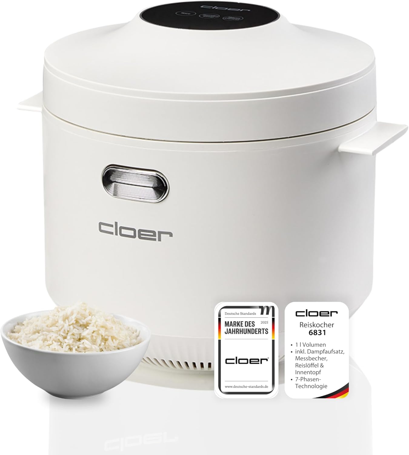 Cloer Store Cloer 6831 Rice Cooker with 1 Litre Capacity, Includes Steam Attachment and Dishwasher-safe Inner Pot, 7-Phase Technology, Keep Warm Function up to 24 Hours, Beep and Water Level Indicator, 350 W