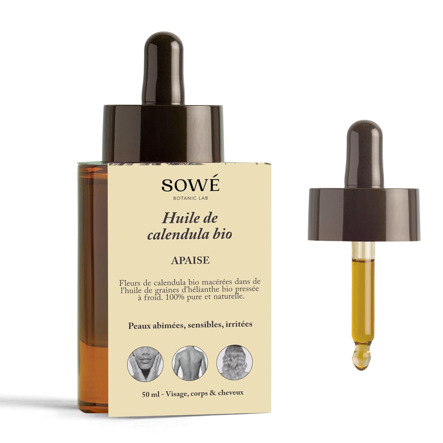 Sowé Calendula Oil - Organic Magazine - Dry, Irritating, Sensitive, Damaged Skin - 50 ml - Soothes and Nourishes - Face, Body and Hair - Free Care Fragrance